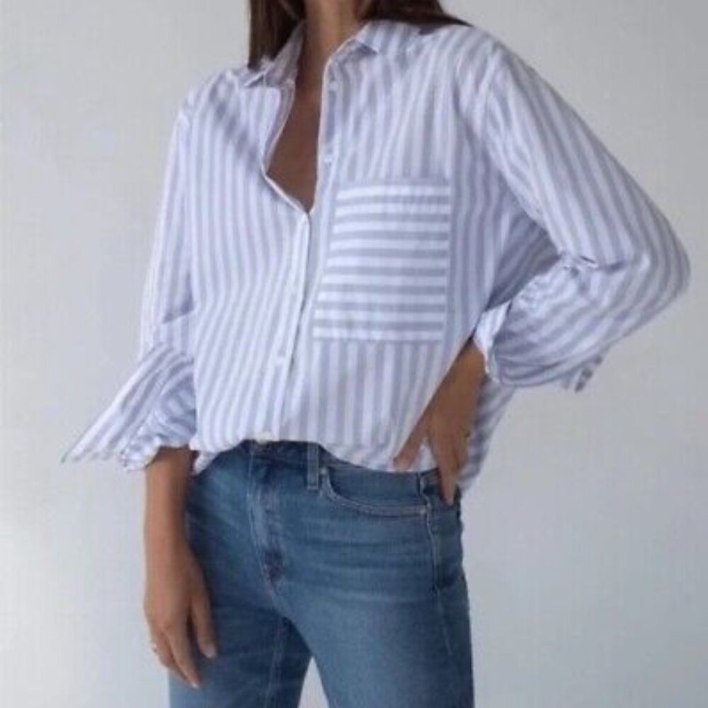 Ayr The Deep End Oversized Button Down Blouse Collared Lavender Stripe